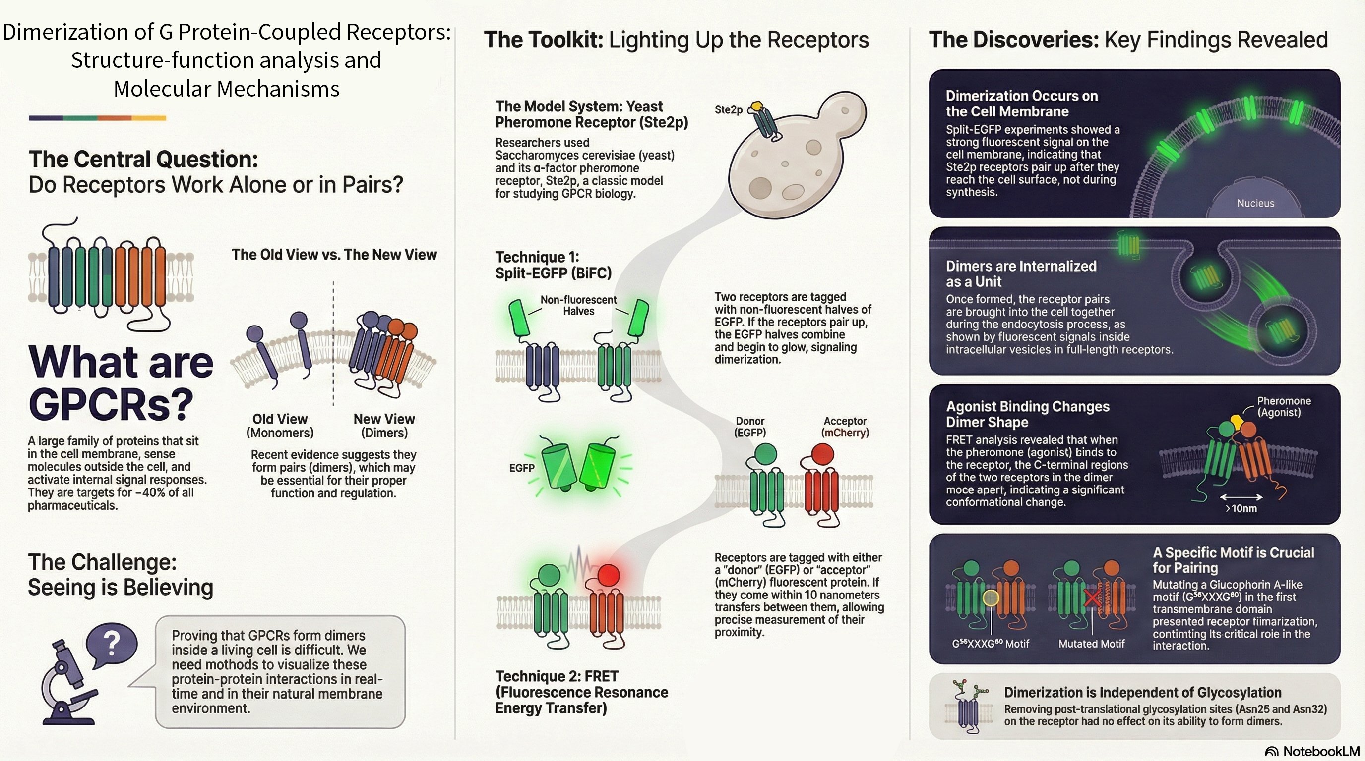 Infographic summarizing Ste2p dimer dynamics and visualization techniques